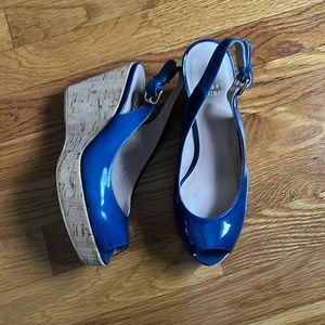 Stuart Weizmann Jean Marine Anline Patent Slingback Platform Wedge Sandal